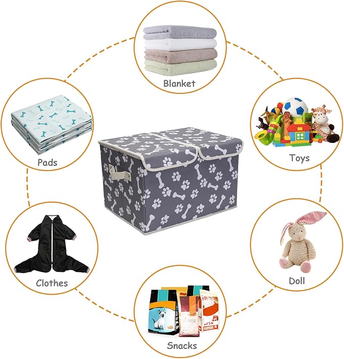 Large Storage Boxes - Large Linen Fabric Foldable Storage Cubes Bin Box Containers with Lid and Handles for Dog Apparel(Bone claw)