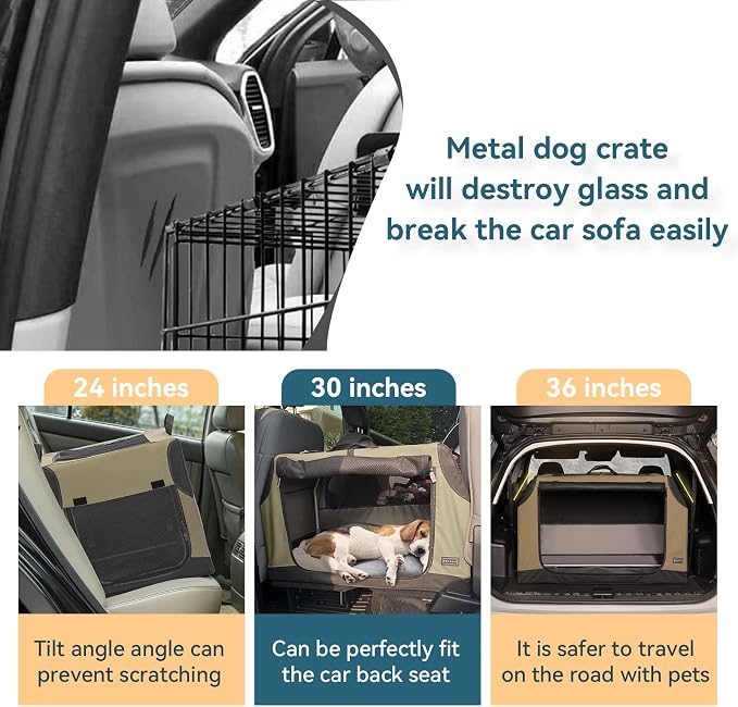PETSFIT Collapsible Dog Crate, Soft Sided Dog Crate - 36 Inch Sturdy Adjustable Structure, Easy to Set Up, Soft Sided Dog Kennel for Car, Light Tough with 3 Mesh Doors, Army Green