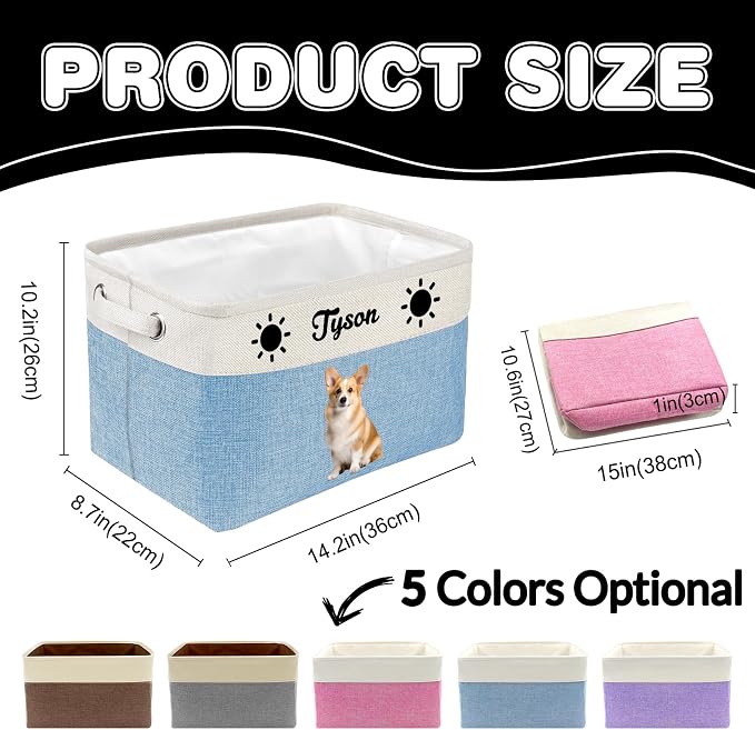 Personalized Dog Toy Storage Basket Custom Dog Name Photo Cat Pet's Gift Baskets Collapsible Organizer Box Foldable Storage Basket with Handle for Toys, Coats, Clothing, Blankets, Blue