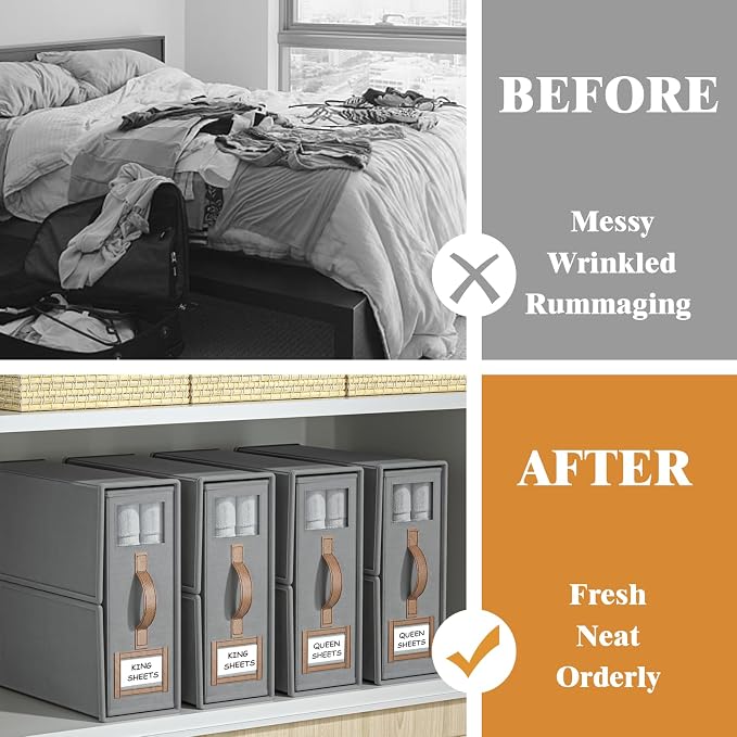 3 Pack Foldable Bed Sheets Set Organizers and Storage(King & Queen Size),Linen Fabric Closet Organizers with Window,Folding Bedding Storage Box for Bedsheets and Pillow Cube Organizer-Gray
