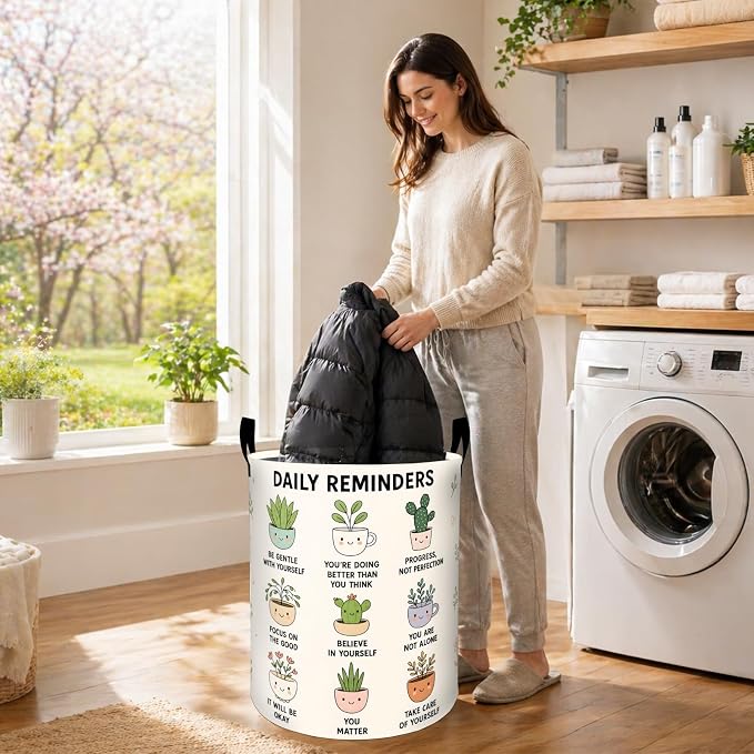 Cute Plant Laundry Basket, Inspirational Potted Botanical Oxford Cloth Dirty Clothes Collapsible Hamper for Room Decor, Garden Gifts, Toy Organizer 19.7 x 15.7 Inches for Bedroom Bathroom Dorm