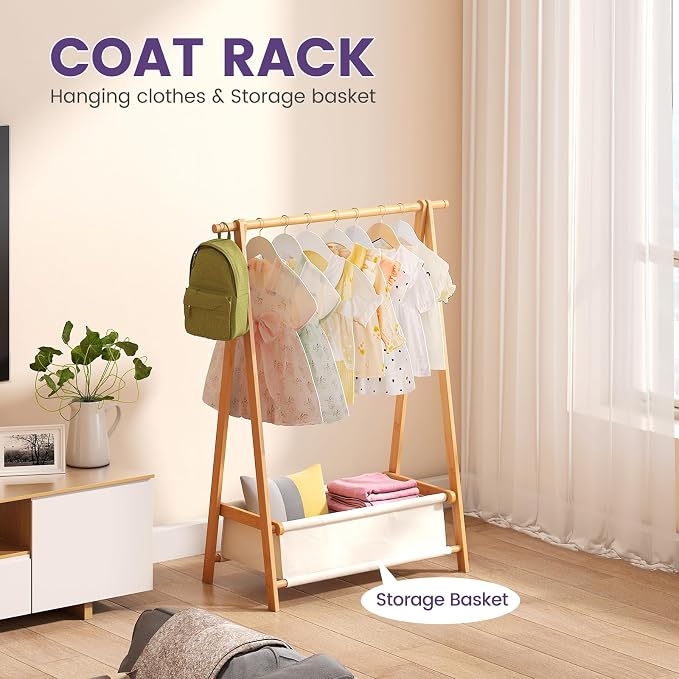 Clothing Rack, Coat Rack Freestanding for Hanging Clothes, Dress up Rack with Storage Basket,Closet Organizer for Hanging Clothes (Short)