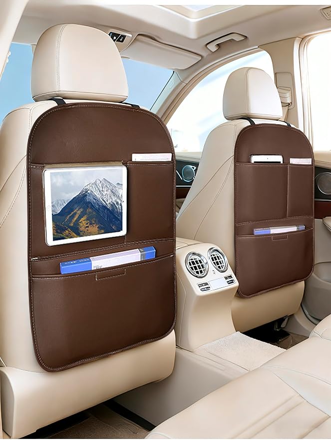 SUTSU Kick Mat Back Seat Protector， Waterproof Leather Car Seat Back Organizers Cover with 3 Storage Pockets for Kids Pets SUV Sedan Minivan Truck Car Travel Accessories (Coffee 2-pack)