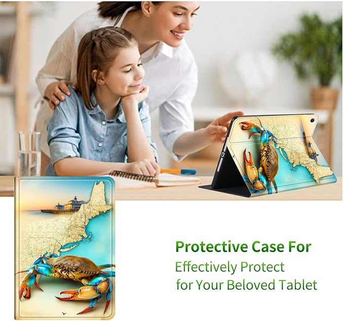 for Samsung Galaxy Tab A9 8.7 Inch 2023 (SM-X110/X115/X117) Case | Slim Leather Smart Cover with Multi-Angle Anti-Slip Stand [Auto Wake/Sleep] Shell for Women Men - Map Crab