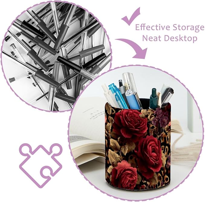 Faux Leather Pen Holder for Desk, Pencil Organizer Leopard Print and Roses Pen Cup Desk Decor Makeup Brush Holder Storage for Office Home