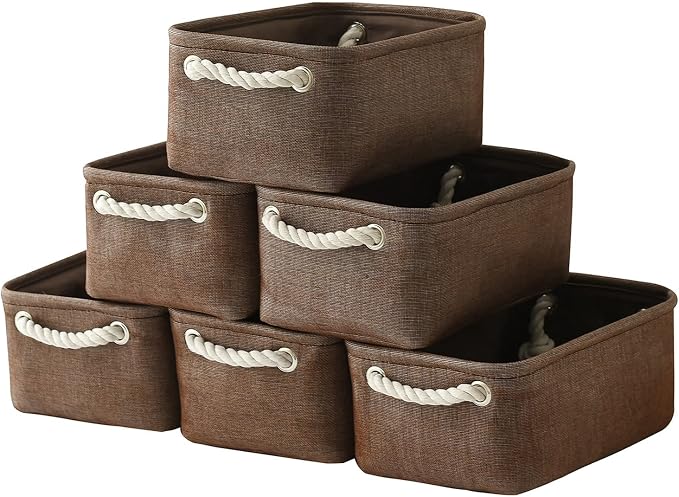 Storage Basket for Organizing - 12x8x5 inch Small 6 Pack Collapsible Storage Bin for Shelves with Handles, Canves Storage Box for Cloth Closet Organizer Gift Toy (Brown)