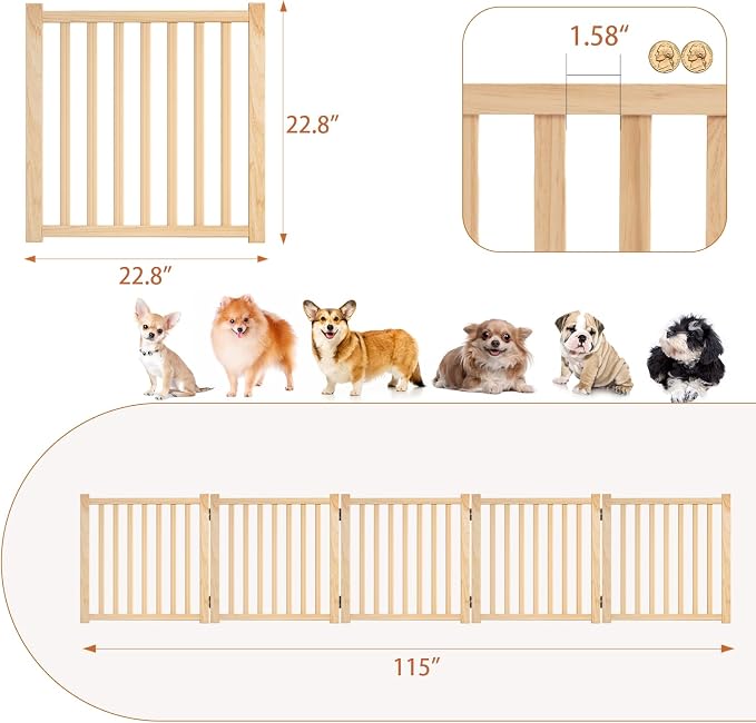 YOCAN Non-Painted Wooden Freestanding Dog Gates -5 Panels L:115" H:23"
