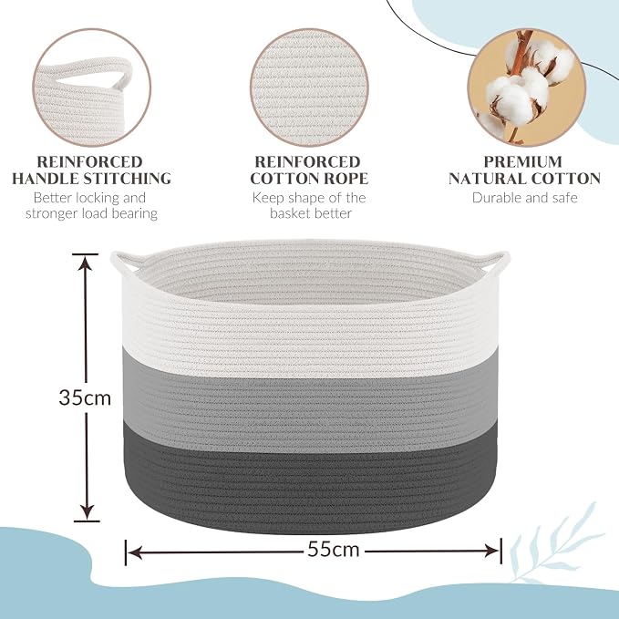 Maliton Woven Rope Blanket Basket Living Room, Storage Basket for Toy, 90L | 22x22x14 cotton rope basket. Holds blankets, toys & towels & laundry. For bedroom, nursery, bath & playroom. Soft & durable.