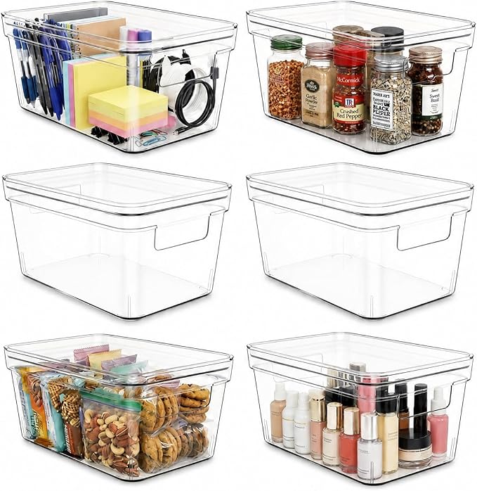 MOONEDGE 6-Pack 10x6x5 Stackable Small Clear Storage Bins with Lids | Plastic small item organizer containers with handles for vanity, craft, office, fridge, kitchen, pantry, bathroom and closet