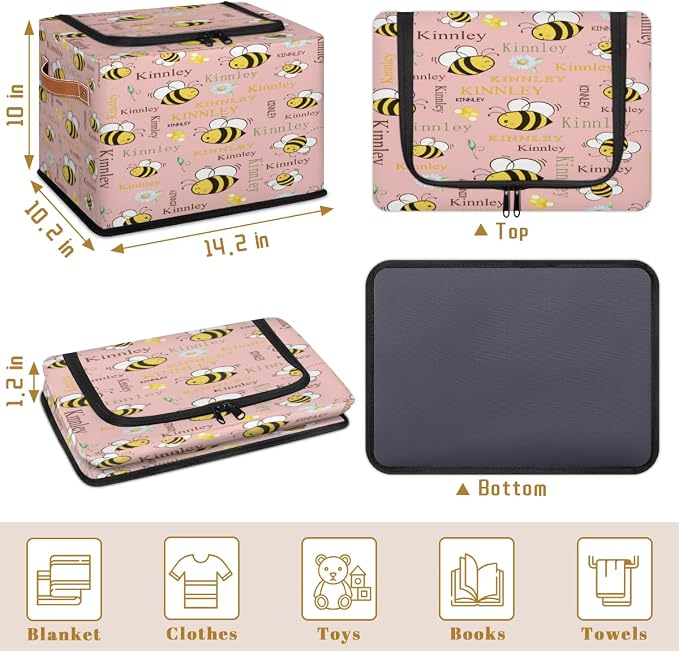 Custom Black Rectangular Baby Storage Basket with Zipper Lid, Kids Toys Bin, Books Shelf Basket, Clothes Towel Storage Bin for Nursery, Gift Basket, Coral Pink, Cartton Bee with Floral