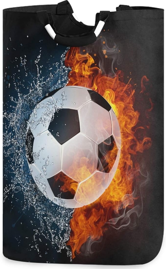 visesunny Large Capacity Laundry Hamper Basket Soccer Ball In Fire And Water Oxford Cloth Storage Baskets for Bedroom, Bathroom, Dorm, Kids Room