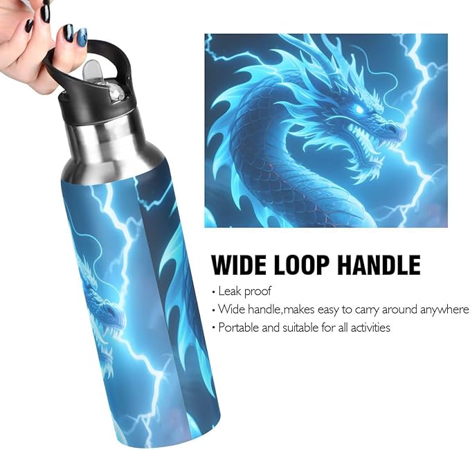 Dragon Blue Lightning Water Bottle with Straw Lid Kids Insulated Stainless Steel Water Flask Sports, 20 Oz Hot Cold