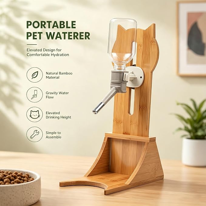 Bamboo Pet Water Bottle Stand, Adjustable Hanging Dog Cat Dispenser