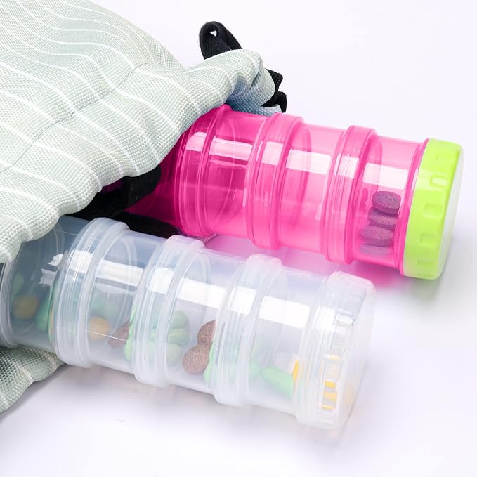 2 Pack 7 Day Pill Organizer Case Stackable Weekly Supplements Vitamins Pills Holder Dispenser Large Translucent Pink with Extra Lid