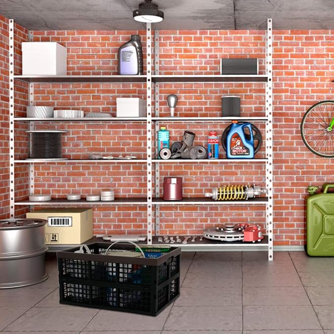 2-Pack 42 L Plastic Staking Folding Storage Basket Crates, Balck | Extra large plastic crate storage, fold flat when not in use, perfect for home, office, and garage organization