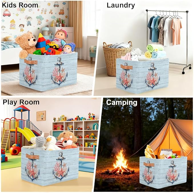 Pardick Storage Baskets Bin, Woodanchor Starfish Collapsible Canvas Fabric Storage Bin Decorative Baskets Toy Organizer Rectangle Storage Boxes with handles for Home Shelves Nursery,Q-5