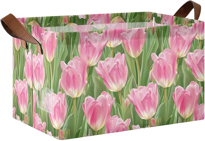 Pink Tulip Flower with Green Leaves Storage Bins for Shelves with Labels&Handles Fabric Organizer Bin Foldable Rectangle Storage Basket Boxes for Closet, Bathroom, Home, Living Room