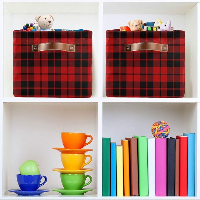 AUUXVA Storage Basket Red Black Christmas Buffalo Plaid Check Storage Cube Box Durable Canvas Collapsible Toy Basket Organizer Bin with Handles for Shelf Closet Bedroom Home Office