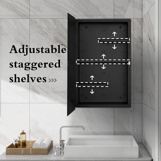 Black 16 x 26 Recessed Metal Medicine Cabinet With Mirror for Bathroom Wall | Black Bathroom Medicine Cabinet with Adjustable Staggered Shelves, Piano Hinge, Left/Right Swing & Matte Powder-Coated Finish