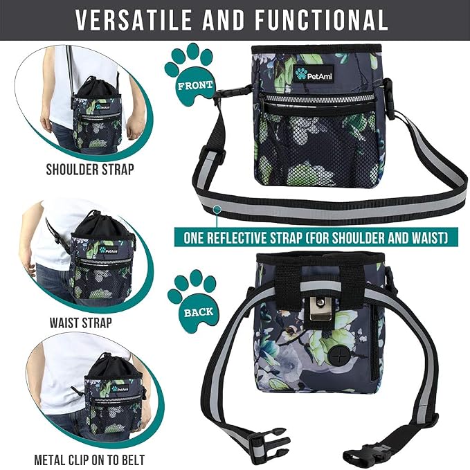 PetAmi Dog Treat Pouch, Pet Treat Pouch for Training, Dog Walking Bag Holder for Kibbles, Pet Food Toy, Dog Trainer Essentials Supplies, Poop Bag Dispenser, 3 Ways to Wear (Floral Grey)