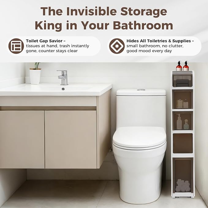 Slim Bathroom Storage Cabinet with Trash Can, Narrow Movable Waterproof Bathroom Floor Cabinet with Toilet Paper Holder for Bathrooms Toilet (15.1 * 6.9 * 37.8in)