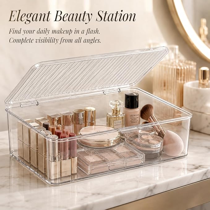 Clear Plastic Storage Bin with Lid, Small Silverware Organizer with Cover, Transparent Kitchen Utensil Drawer Tray for RV Countertop Flatware