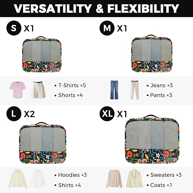 BAGAIL 9 Set Packing Cubes with Packing List Luggage Packing Organizers for Travel Accessories (Black floral)