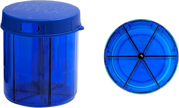 Supplement Pill Dispenser Bottle, 6 Compartment, Labels, Easy Open, Anti-Mixing, UV Protected, Monthly Vitamin, Monster Fit Jr Medication Holder (Cobalt Blue, Small)