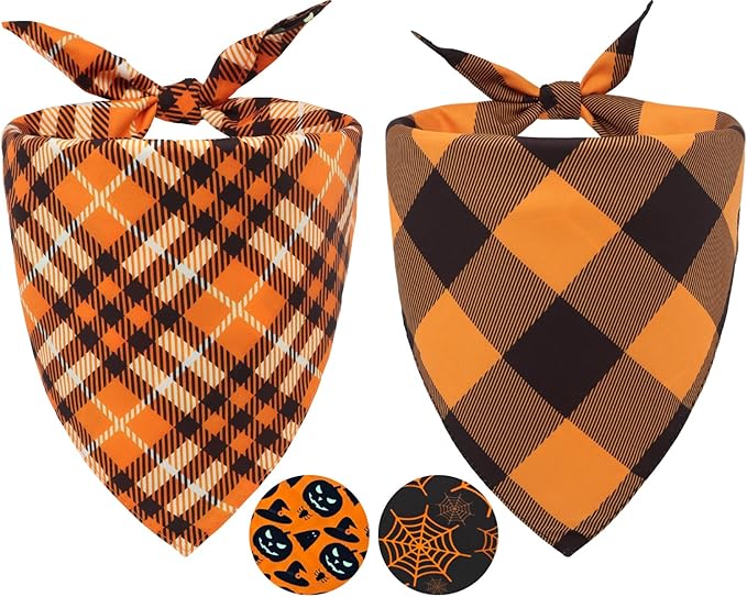 Fall Dog Bandanas 2PCS Halloween Pumpkin Spider Web Large Dogs | Reversible dog bandanas for fall & Halloween & Thanksgiving. Orange plaid/pumpkin/Spider Web design. Fits medium-large dog