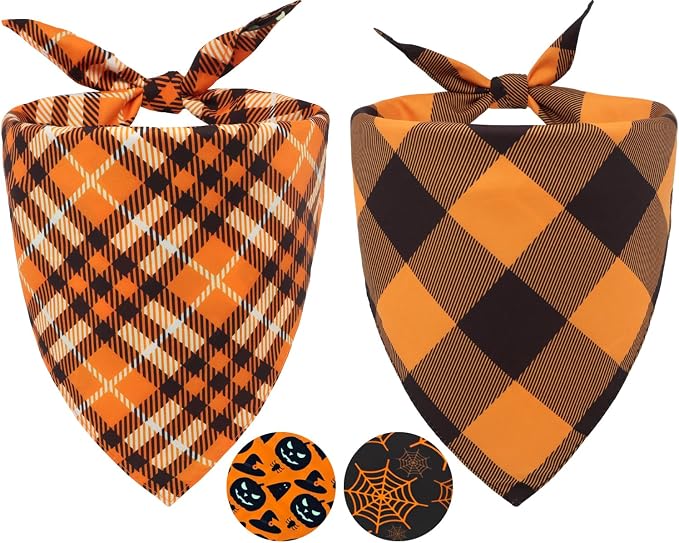 Fall Dog Bandanas 2PCS Halloween Pumpkin Spider Web XLarge Dogs | Reversible dog bandanas for fall & Halloween & Thanksgiving. Orange plaid/pumpkin/Spider Web design. Fits extra large dog