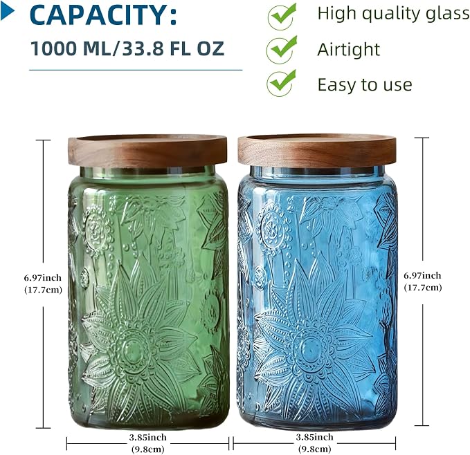 4 Pack Blue & Green Vintage Glass Jars, 34 oz Sunflower Canisters with Lids | Airtight Coffee Container, Tea Organizer, Cookie Holder, Candy Keeper, Nut Holder, Cereal Bin, Pantry Countertop Organization