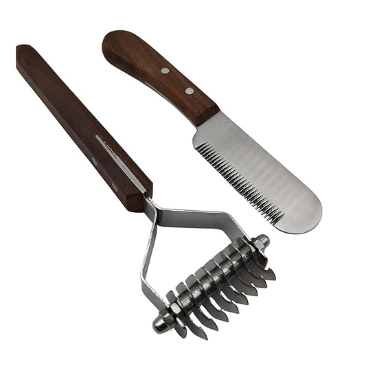 Pet Dematting Comb & Stripping Knife Set for Dogs & Cats – Wood Handle Grooming Rake with Stainless Steel Blades – Stripping & Comb Undercoat Remover Tool for Thick Coats