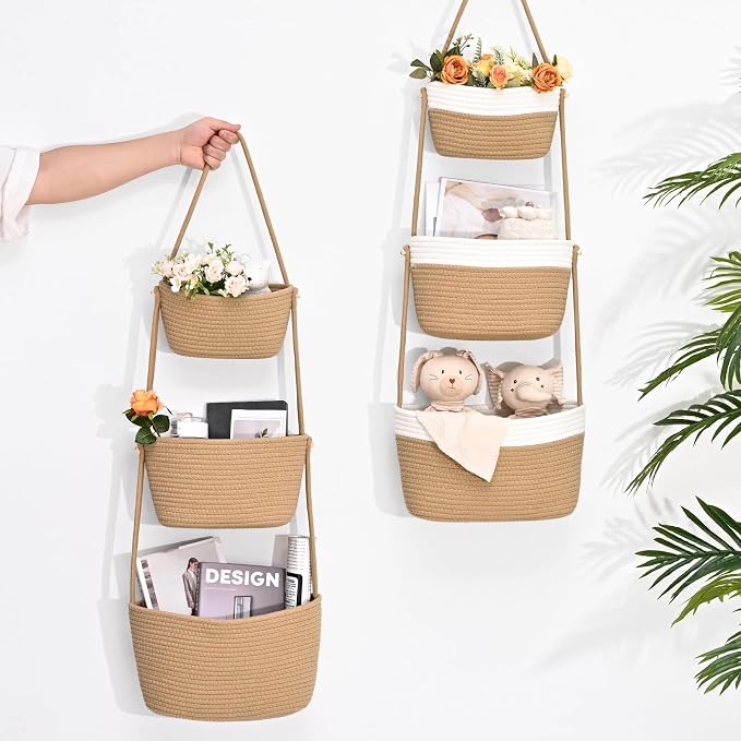 Hanging Basket, 3-Tier Woven Wall Basket with 4 Hooks, Cotton Rope Storage Baskets, Over the Door Organizer for Nursery, Bedroom, Cottage and Boho Wall Decor