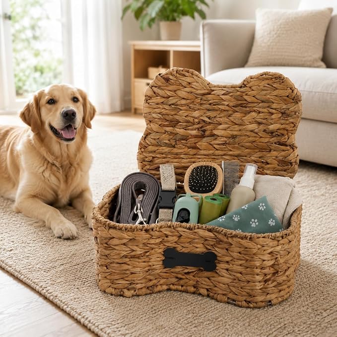 Pethiy Dog Toy Basket with Lid, Woven Water Hyacinth Pet Toy Storage, Seagrass Edge Dog Toys Organizer Bone Shape Basket Toy Box for Dogs Bone Shaped Basket