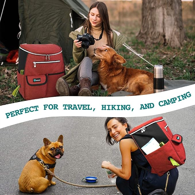 PetAmi Dog Travel Backpack 27L Airline Approved Pet Supplies Bag, Red | Cat Traveling Suitcase Organizer for Weekend Road Trip Camping; 2 Food Containers, 2 Collapsible Bowls & Poop Bag Dispenser