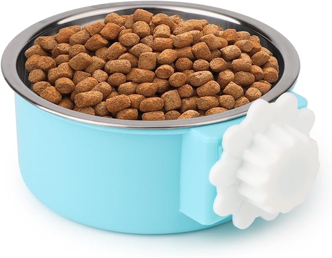Hypeety Dog Crate Water Bowl No Spill - Hanging Attachable Pet Bowls for Kennel Durable Stainless Steel Food Water Dishes for Small Dogs Cats Rabbits Parrots with Non-Slip Base (Bule)