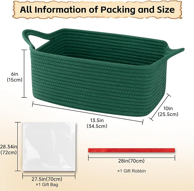 OIAHOMY Woven Basket, Gift Basket Empty with Gift Bags and Ribbons, Rope Baskets for Baby Showers, Storage Baskets with Handles for Nursery, Pet Toy Organizer - Green