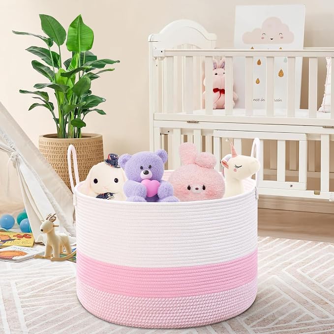 67L Large Woven Blanket Basket, Cotton Rope Baby Laundry Hamper with Handles, Kids Toy Basket for Classroom & Nursery, Soft Round Stuffed Animal Storage, Dog Toy Bin - 20"x13", Light Pink