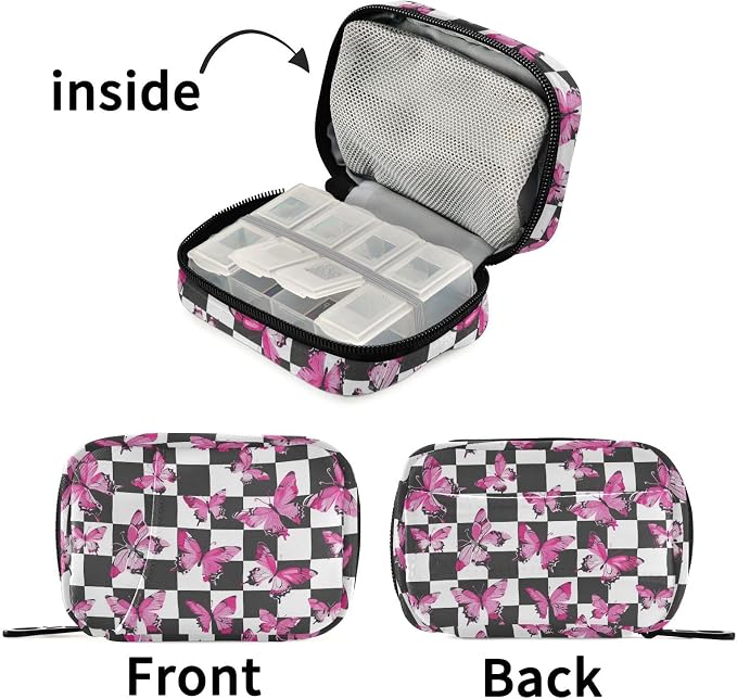 Fustylead Pink Butterflies Print Over Checkers Background Travel Pill Case Bag with Zipper Weekly Pill Box 8 Compartments 7 Day Personal Pill Case Purse Medicine Case Organizer