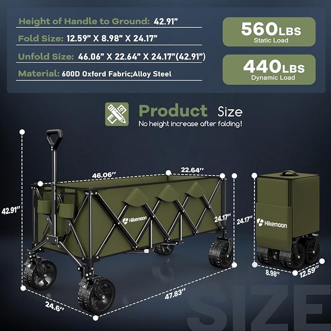 48'' Extra Large Collapsible Wagon with Big Wheels, 300L Green | 560LBS Heavy Duty, Wagons Carts Foldable, All-Terrain, Brakes, Folding Cart, Utility for Beach/Camping/Garden/Sports/Grocery