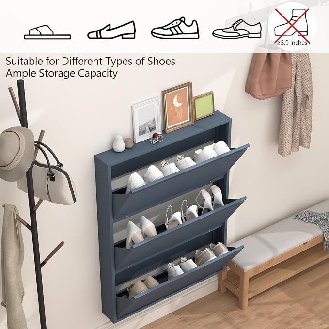 GREATMEET Shoe Cabinet with 3 Flip Drawers, Slim Metal Shoe Cabinet Storage for Entryway, Hidden Narrow Shoe Rack Organizer Cabinets Wall Mount for Living Room, Bedroom, Hallway, Blue