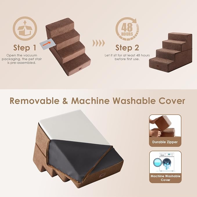 EHEYCIGA Dog Stairs for Bed 18" H, 4-Step Extra Wide Dog Steps for High Bed, Pet Steps for Small Dogs and Cats, Non-Slip Balanced Pet Ramp Indoor, Brown