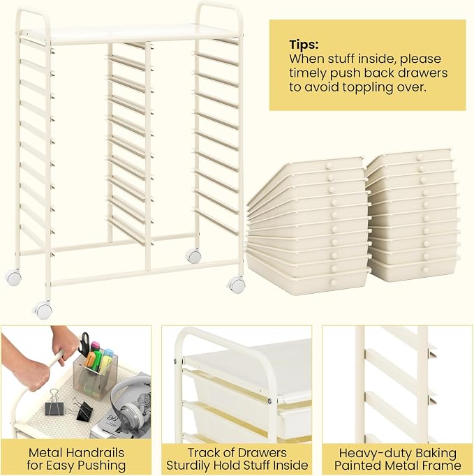 20 Drawer Rolling Storage Cart, Art Cart Organizer with Wheels for Makeup, Tool, Paper, Multipurpose Craft Storage Cart with Drawers for Office, Home, Classroom, School (White)