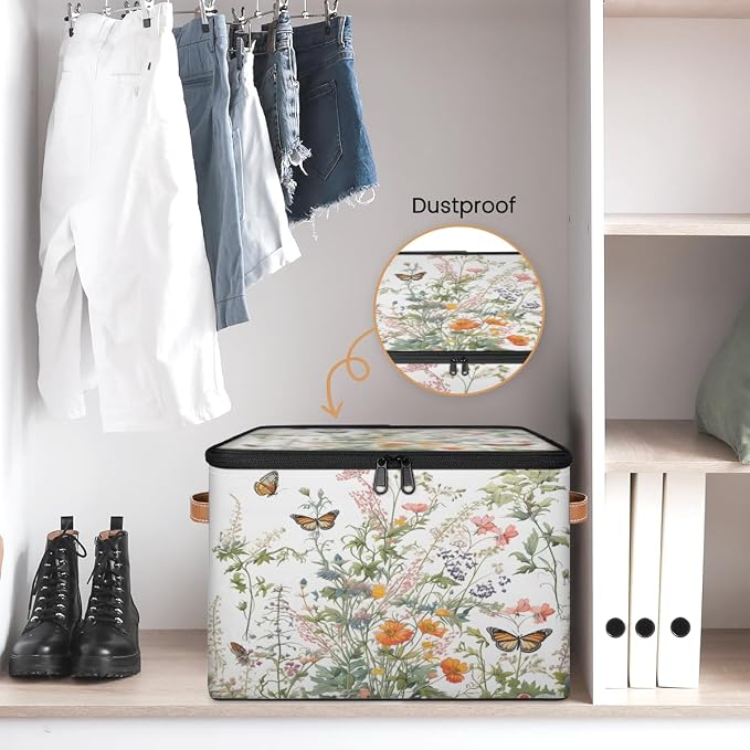 Pardick Storage Bin Wild Floral Butterfly Storage Baskets with Zipper Lid & Handle Foldable Closet Shelf Cloth Organizer Basket Cube Bins Clothes Organizer for Nursery, Bedroom