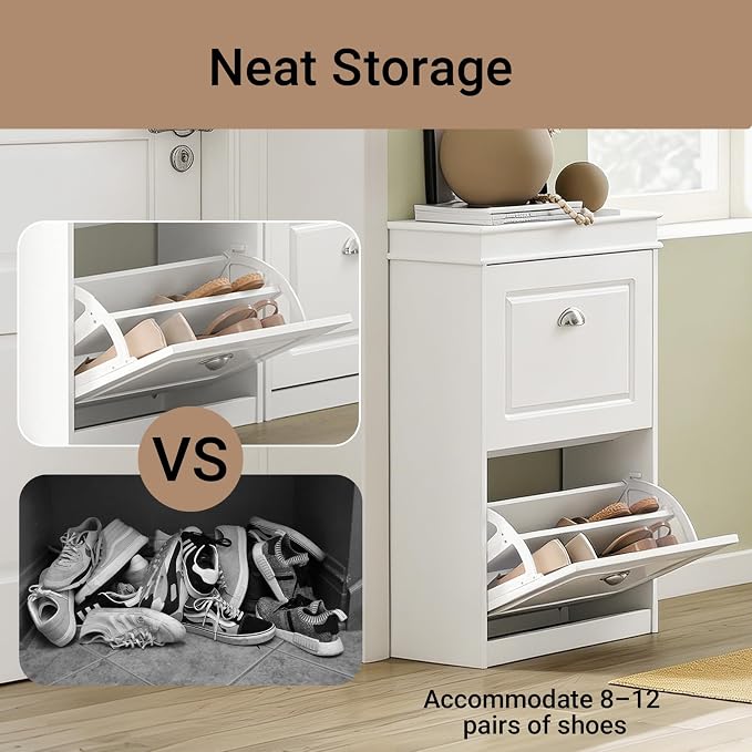 Haotian Small Shoe Cabinet | Two Flip Drawers Freestanding Shoe Rack, Shoe Storage Cupboard Organizer, FSR78-W