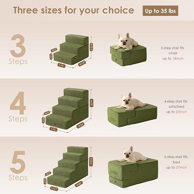 EHEYCIGA Dog Stairs for Bed 18" H, Dog 4-Steps for High Bed, Olive Green | Pet Steps for Small Dogs and Cats, Non-Slip Balanced Pet Ramp Indoor