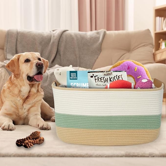 danpinera Large Woven Basket, 108L Rectangular Woven Storage Basket with Leather Handles, Stylish Organizer Bin for Home, Office, Laundry, Toys, or Blankets, 25’’*16’’*16’’ White & Green & Jute