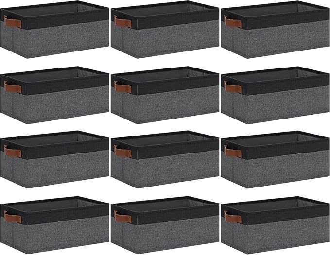 GhvyenntteS Small Fabric Storage Bins 12 Pack, 11.8" x 7.87" x 5.11" Storage Basket with Leather Handles, Closet Storage Bins for Shelves, Storage Baskets for Shelves, DVD Storage (Grey/Black)