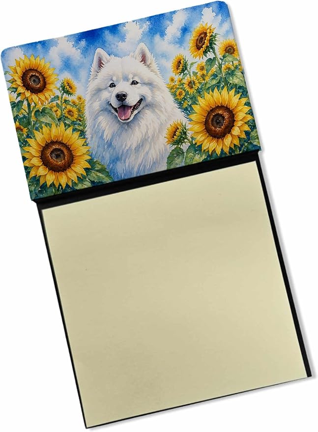 Caroline's Treasures Samoyed in Sunflowers Watercolor Sticky Note Holder Refillable Dispenser Desk Accessory 3x3 Pad Gift