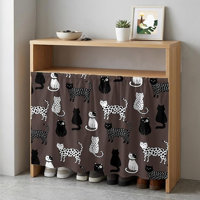 Cat Animal Cabinet Curtain 35"Wx35"L, Dustproof Under Sink Skirt with Self Adhesive Tape, Black White Earthy Tone Vintage Pet Cabinet Curtain Cover for Kitchen Sink, Bathroom Vanity, Laundry Room